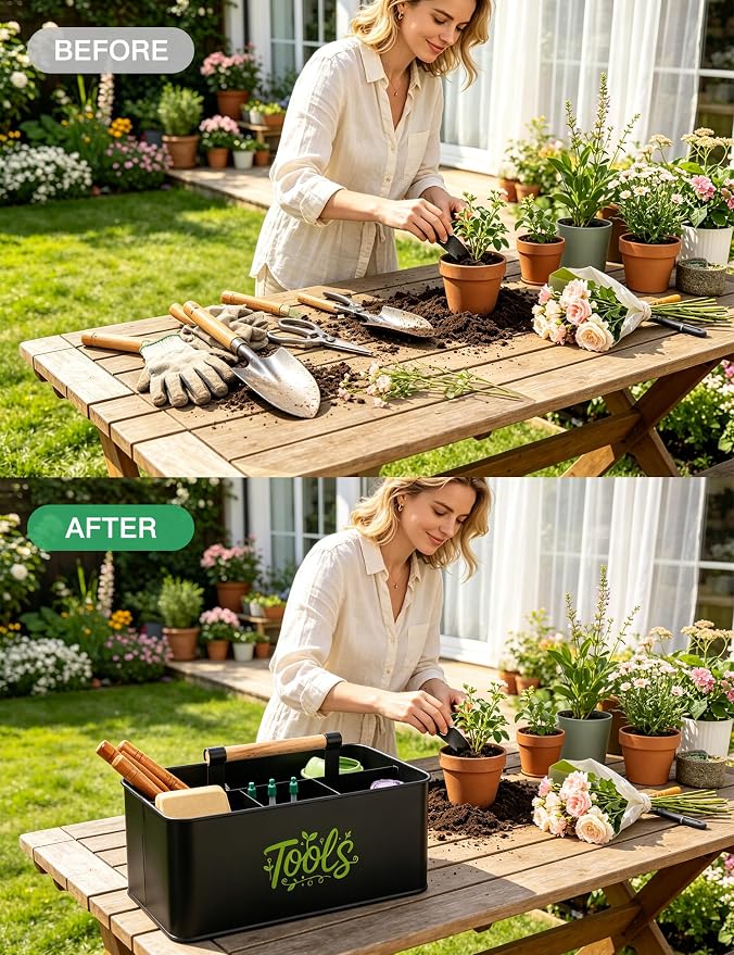 Gardening Tool Caddy, Garden Tool Basket with 4 Compartments, Metal Garden Caddy with Wooden Handle for Indoor & Outdoor