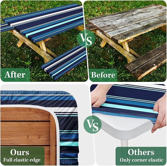 Picnic Table Cover with Bench Covers Elastic Edges, Blue Stripes Camper Fitted Table Cover, Outdoor Patio Camping Essentials 72 Inch 3PCS, Waterproof Camping Fitted Tablecloth with Drawstring Bag