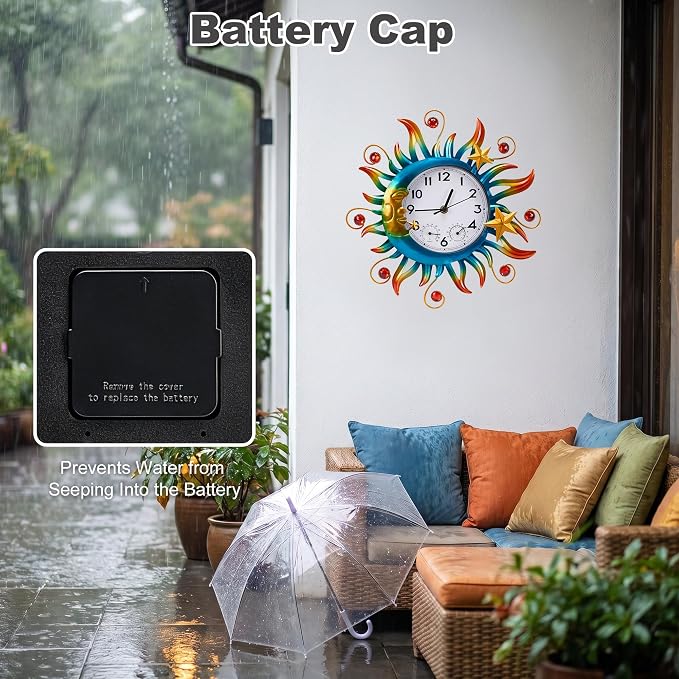 Sun and Moon Outdoor Clocks for Patio Waterproof, Outdoor Wall Clock Thermometer Combo, 13 Inch Silent Non-ticking Decorative Clock with Temperature, Decor for Garden, Living Room and Kitchen