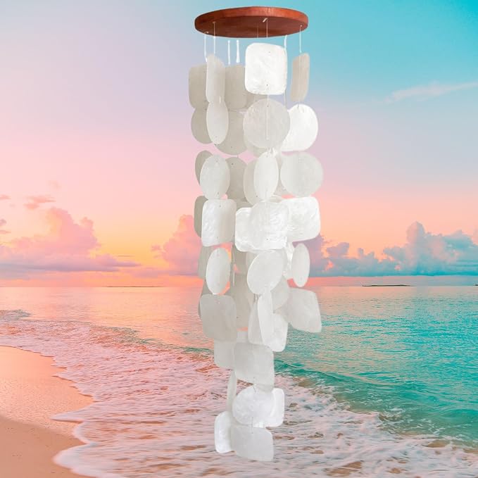 Bellaa 22913 Wind Chimes Outdoor, Garden Decorations, Musical, Indoor/Outside Windchimes, Beach, Ocean Breeze, Gifts for Mom, Gift for All Occasions, Capiz Sea Glass Shells Wood White 27 inch