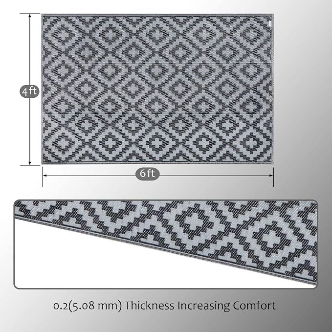 SAND MINE Waterproof Outdoor Rug 4x6 ft, Reversible Mats, Modern Area Rug, Large Floor Mat and Rug for Outdoors, RV, Patio, Backyard, Deck, Picnic, Beach, Trailer, Camping, Black & Grey Lattice