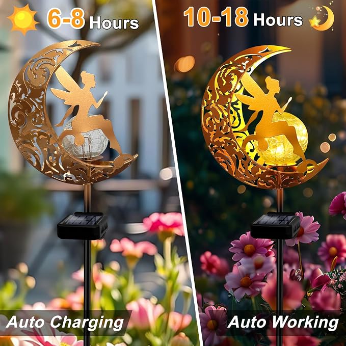 Solar Garden Lights Pathway Stake Lights Waterproof, Gift for Women Mom Grandma Wife Daughter, Moon Fairy Glass Globe with Angel Decor, Outdoor Decor Lights for Walkway, Yard, Lawn, Patio or Courtyard