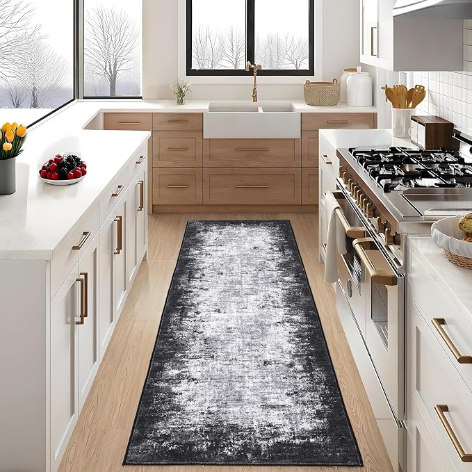 GarveeHome Entryway Rug 2.5x8 Washable Modern Abstract Small Grey | Non-Slip Backing, Stain-Resistant Low Pile Floor Cover, Colorful Indoor Mat, Bedroom, Kitchen, Laundry
