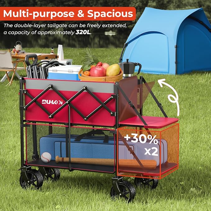 Double Decker Collapsible Wagon with Brakes,Compact with Tailgate | Big All-Terrain Wheels , 2-Tier for Camping Gear, Sports, Groceries, Shopping, Garden & Outdoor Use