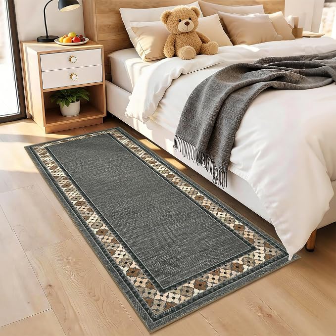 Garvee 2x6 Tribal Border Kitchen Rugs Washable Rugs for Hallway, Brown | Floral Border Area Rug Stain Resistant Easy Cleaning Throw Rugs Low Pile Floor Cover for Bedroom Laundry