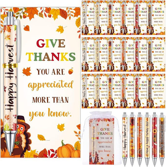 Marspark 30 Sets Fall Gifts Bulk Thanksgiving Ballpoint Pens and Thankful Maple Greeting Cards Set with Bags Twist Ties Autumn Holiday Appreciation Gifts Office Thanksgiving Party Favors