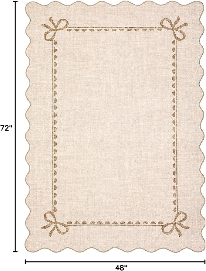 GarveeHome Scalloped Bow Rug 4x6 Washable Beige Rug for Bedroom Living Room | Non Slip Soft Low Pile Indoor Carpet for Nursery Girls Bedroom Decor Hallway Kids Room College Dorm Playroom