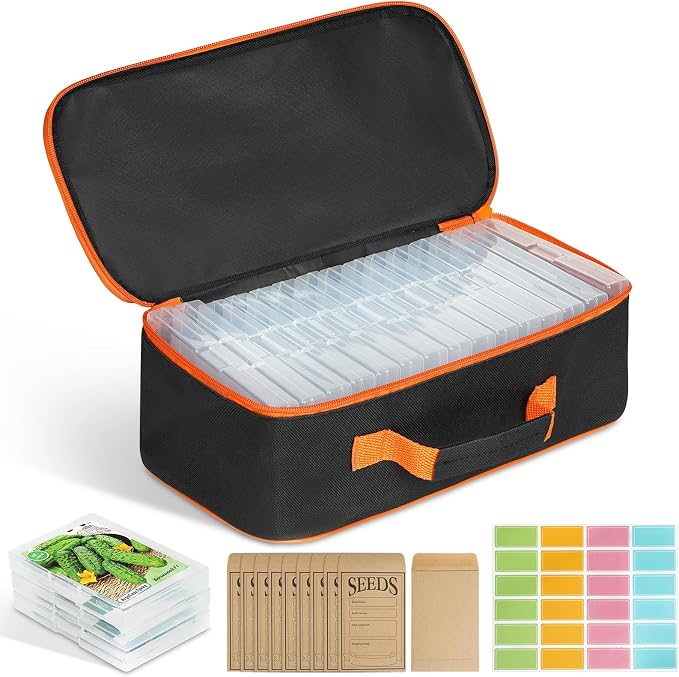 15 Slots Seed Storage Box with 20 Seed Envelopes, Large Capacity Seeds Organizer Container with Zipper Bag Label Stickers, Seeds Saving Container for Garden Vegetable and Flower (Orange)