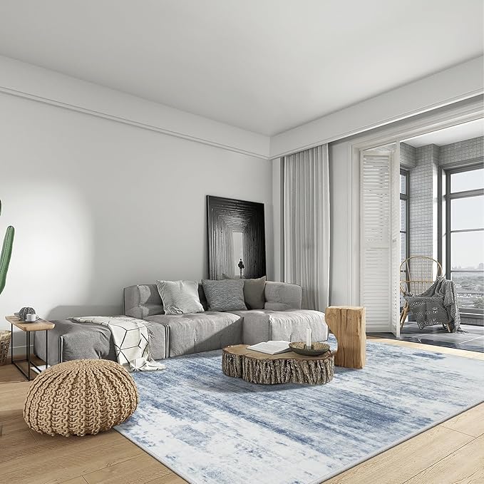 9x12 Area Rugs for Living Room: Washable Abstract Blue White Badroom Carpet | Non-slip TPE backing makes this washable soft low-pile rug safe & durable, Pet-friendly decor for dining room,nursery,office