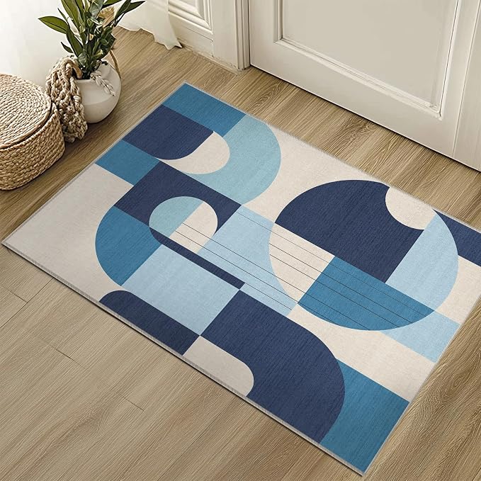 2x3 Blue and White Geometric Rug for Bathroom Entryway Abstract Modern Area Rug Machine Washable Mat Non-Slip Small Carpet for Bedroom Kitchen Indoor