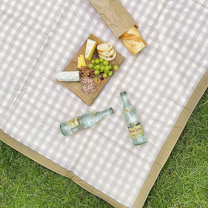 Little Unicorn 5'x7' Outdoor Family Picnic & Beach Blanket | Durable & Water-Resistant Fabric | Compact Fold & Easily Wipes Clean | Zipper Pocket (Beige Buffalo Check