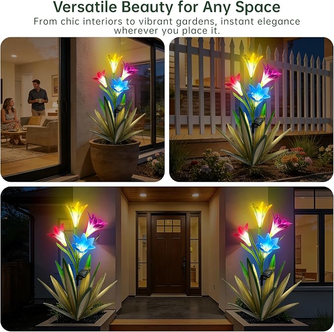 Homight Solar Metal Agave Lily Flower Garden Sculpture with LED Lights 30.3 Inch Waterproof Outdoor/Indoor Yard Decor Handmade Lawn Ornament Gift for Family Friends (3, Green)