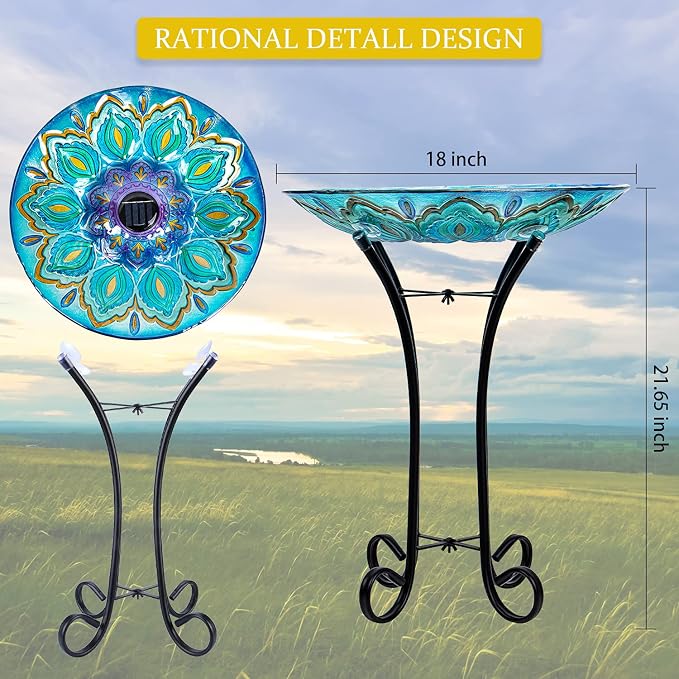 Glass Bird Bath Outdoor with Metal Stand for Lawn Yard Garden Decor Solar Large BirdBath Peacock Bird Feeder