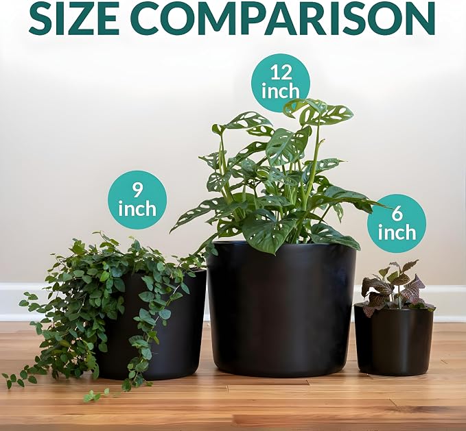Willowy 9 Inch Black Ceramic Plant Pot with Drainage - 9 Inch Plant Pot for Indoor Plants, Flower Planter, Tall Modern Planter