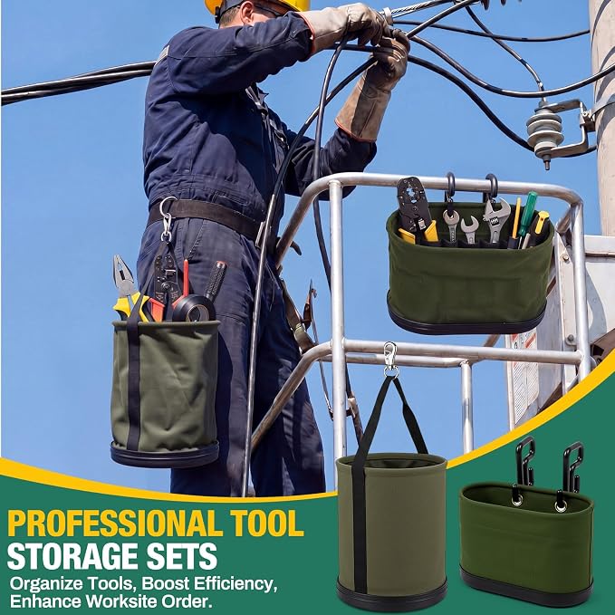 2 Pack Canvas Bucket & Oval Tool Bag, Bucket Tool Organizers with Reinforced Bottom and Hook for Lineman Electrician Construction Workers (Army Green + Black)