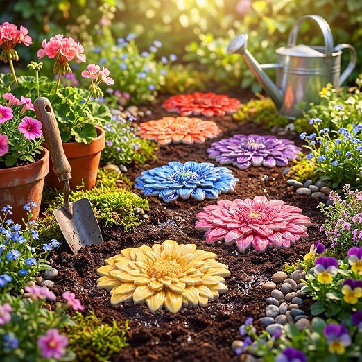 Landical 6 Pack Decorative Stepping Stones for Garden 10 Inch Cement Flower Stepping Stones Decoration for Patio Walkway Yard Outdoor (Dahlia)
