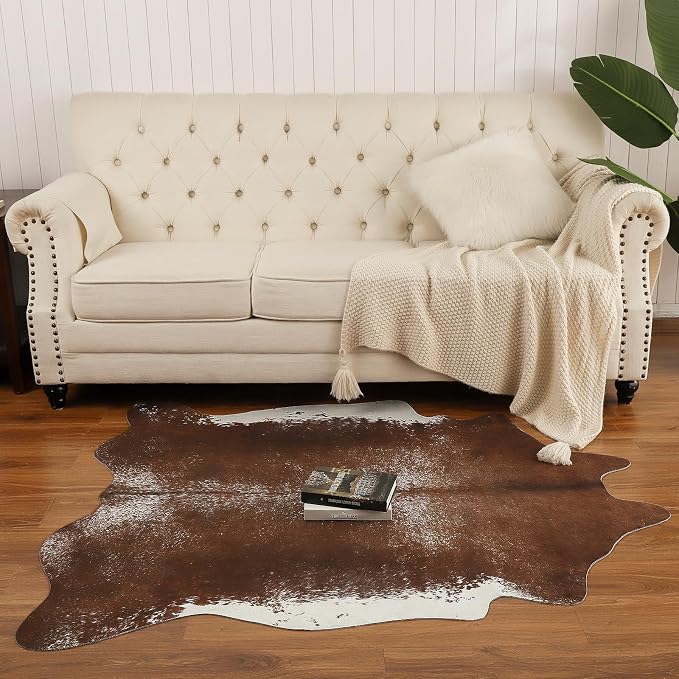 AROGAN Faux Cowhide Rug, Cow Print Large Animal Rug, 5.2x6.2 Ft Deep Brown | Premium Cow Hide Carpet, Western Rug for Bedroom Living Room Decor, Durable Faux Cow Skin Cowhide Area Rug