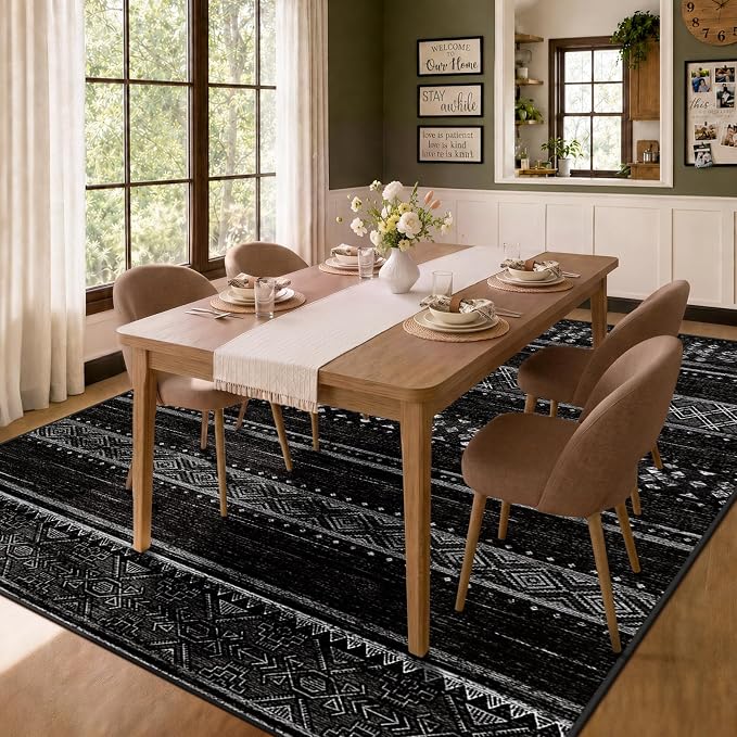 8x10 Washable Area Rugs for Living Room Boho Bedroom Rug Black/White | Vacuum Friendly, Machine Washable, Non-Slip Rug, Stain Resistant, Moroccan Geometric, Low Pile Carpet, Dining Room Kitchen