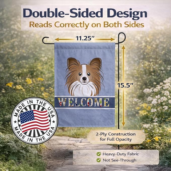Caroline's Treasures BB1434GF Papillon Welcome Garden Flag, Blue Mailbox Flag Decorative Yard Flag Banner Outside Patio Artwork Yard Flower Beds, Garden Size, Multicolor