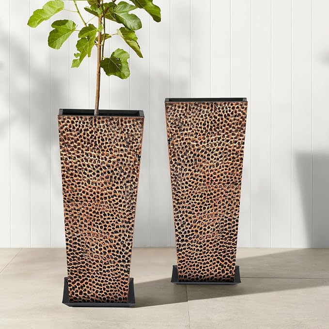 BAYN 2-Pack 24" Tall Metal Planter – Hand-Hammered Textured Large Bronze Flower Pots Box with Saucer for Outdoor&Indoor, Garden, Porch, Patio, Yard with Pre-Drilled Drainage Holes