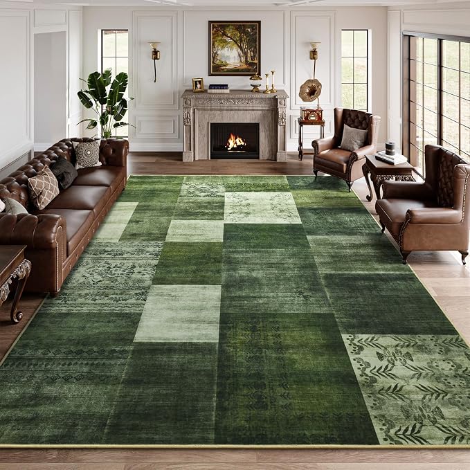 Washable Area Rugs 9x12 for Living Room, Large Modern Geometric Green Soft Patchwork Carpet, Non-Slip Stain Resistant Throw Rug for Bedroom Dining Room Office Home Decor