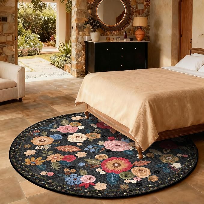 4ft Round Bedroom Rug Washable: Circle Rugs for Living Room Floral Vintage Non Slip Low Pile Soft Faux Wool Non Shedding Small Carpet for Kitchen Entryway Bathroom Bedside Office Farmhouse Entrance