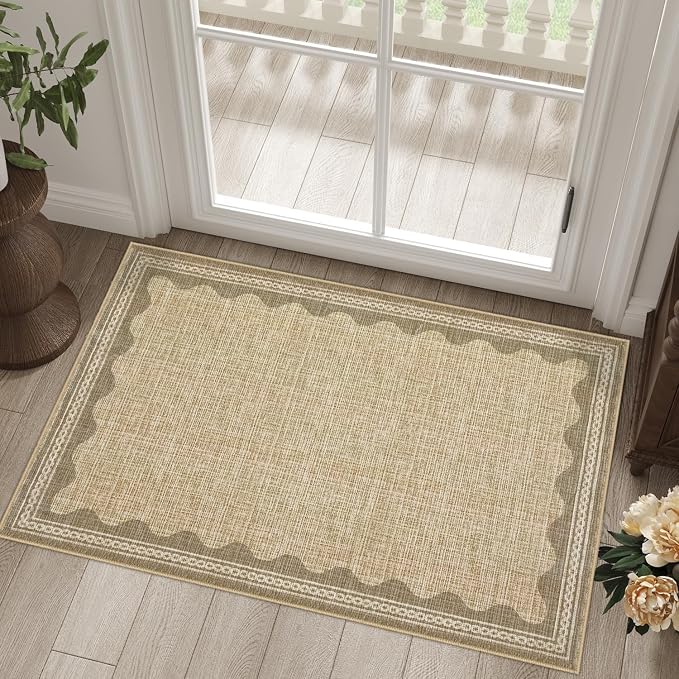 2x3 Scalloped Area Rugs Grey Washable Entryway Bedroom Rug | Solid Small Area Rug Non Slip Scalloped Bath Mat, Front Door Mat Indoor Entrance,Soft Girls Nursery Dorm Carpet for Kitchen