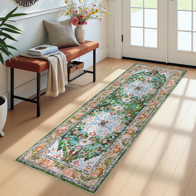 U'Artlines 2' x 6' Boho Hallway Runner Rug Non Slip Washable Runners,Green | Vintage Farmhouse Kitchen Rug Accent Area Carpet for Entryway Laundry and Living Room