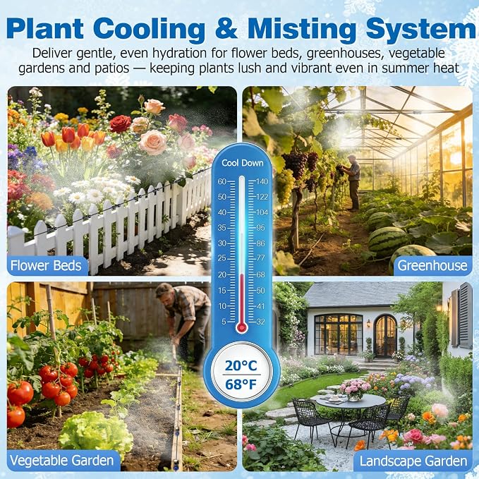 Mellbree Misters for Outside Patio 60FT/18M, Pre-Assembled Misting Cooling System with 19 Brass Nozzles & 3/4" Adapter, Outdoor Mister for Garden, Backyard, Pool, Greenhouse, Play Area, Trampoline