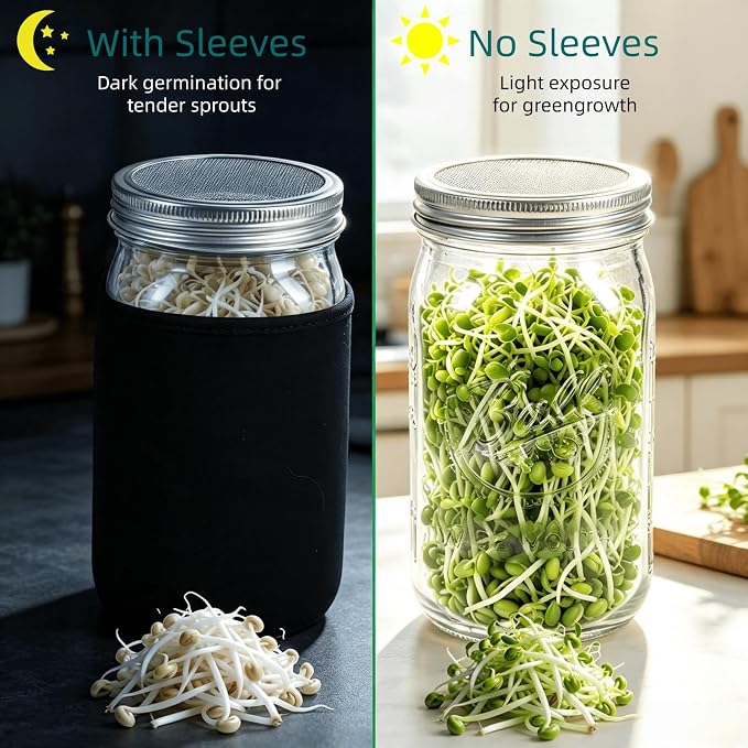Lanxiu Sprouting Jar Kit, 2PCS Wide Mouth Mason Jars with Sprout Lids | Sprouter Set, with Breathable Sprout Lids, Fast Draining Design, Perfect for Growing Alfalfa, Broccoli, Bean Sprouts