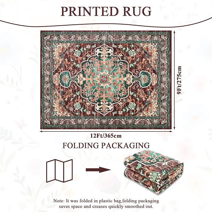 U'Artlines Boho Vintage Area Rug 9x12 Machine Washable Carpet, Rust＆Teal | Low Pile, Non Slip, Ultra-Thin Soft Floor Carpet, Accent Rug for Living Room Bedroom Dining Room Office