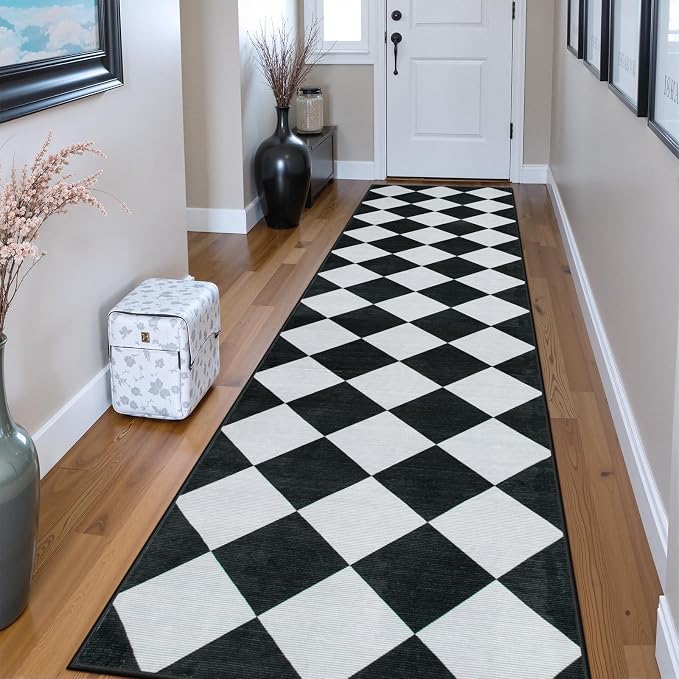 Beeiva Checkered Print Washable Rug Runners for Hallways Non Slip 2.5x10, Ultra Thin Black Kitchen Runner Stain Resistant Hallway Runner Rug 10 ft, Checkerboard Carpet for Bathroom Entryway Decor