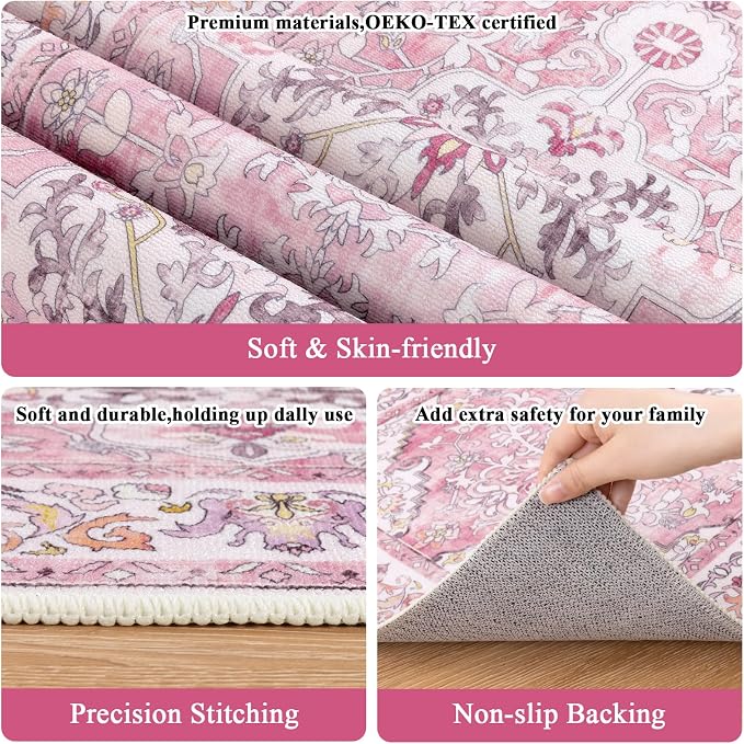 U'Artlines 2' x 6' Boho Hallway Runner Rug, Washable Carpet, Pink | Non Slip, Vintage Farmhouse Accent Area Rug Carpet, for Kitchen Entryway Laundry and Living Room