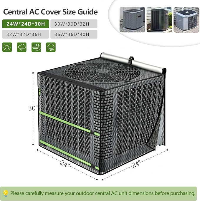 2 in 1 Full Mesh Air Conditioner Cover with Roll-Up Waterproof Top-Heavy Duty 420D Oxford, Breathable Outdoor AC Unit Defender for All Season, Anti-UV, Windproof, Easy Install, 24"W x 24"D x 30"H