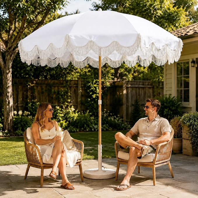 7.5FT Boho Patio Umberlla with Fringe,UPF50+ Outdoor Umbrella with Fiberglass Ribs and Push Button Tilt,Tassels Umbrella for Beach,Terrace,Picnic