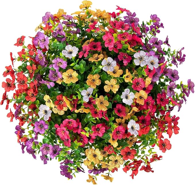 HyeFlora Artificial Faux Hanging Plants Flowers Basket for Summer Outdoor Outside Decoration, Fake Silk UV Sun Resistant Look Real Colorful Daisy Eucalyptus for Porch Home Patio Balcony Yard