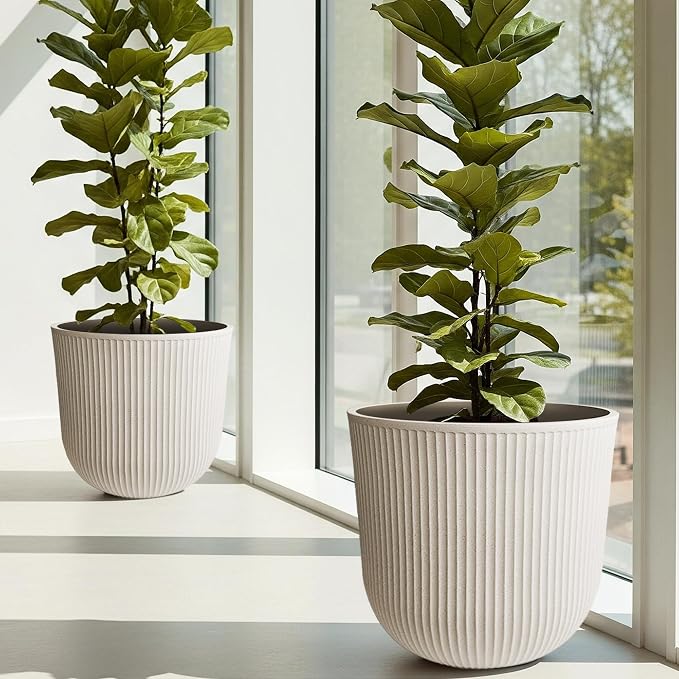 Worth Garden Round Large Planter Pot Set of 2-17.5" Dia x 15.5" H - Durable Plastic Beige Plant Tree Pots with Vertical Stripe Textured Finish, Drainage Hole for Indoor, Outdoor, Front Porch, Patio