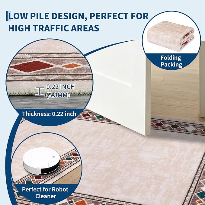 Garvee 4x6 Area Rugs Vintage Border Washable Rugs Soft Rug, Beige | Boho Area Rug Stain Resistant Easy Cleaning Throw Rugs Non Shedding Low Pile Floor Cover for Nursery Dining Room