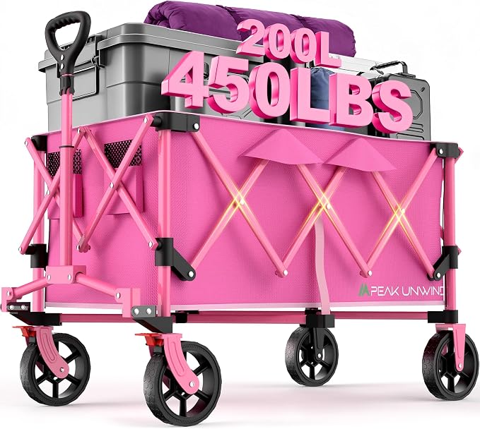 Wagons Carts Foldable,Collapsible Wagon with Wheels,450LBS Heavy Duty Beach Wagon Cart,Lightweight Portable Folding Utility Wagon Cart with Cup Holders for Camping, Garden, Sports, Grocery pcs (Pink)