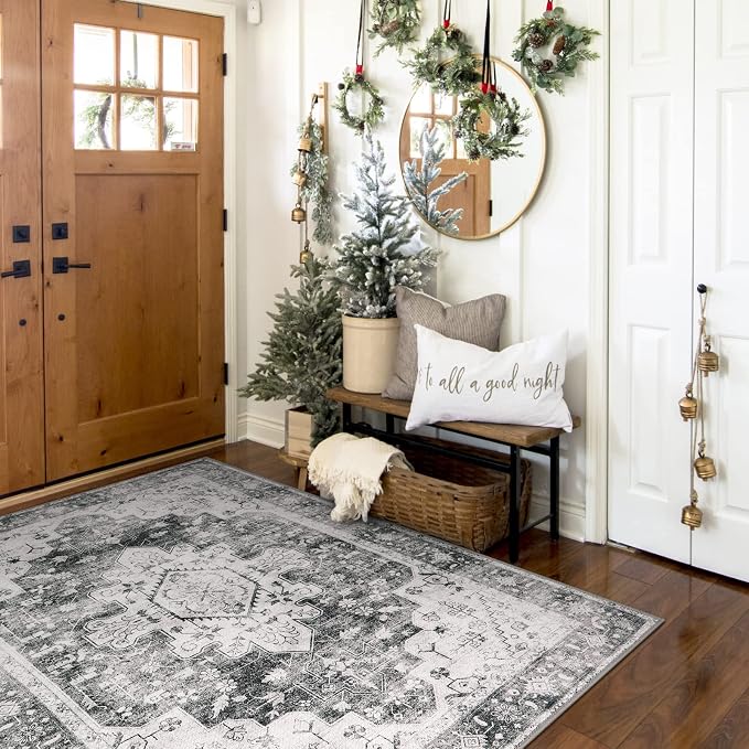 Moynesa Ultra-Thin Washable Area Rug - 4x6 Grey Living Room Rug Oriental Entryway Mat, Non Slip Non Shedding Pet Friendly Bedroom Carpet for Apartment Office Entrance Kitchen