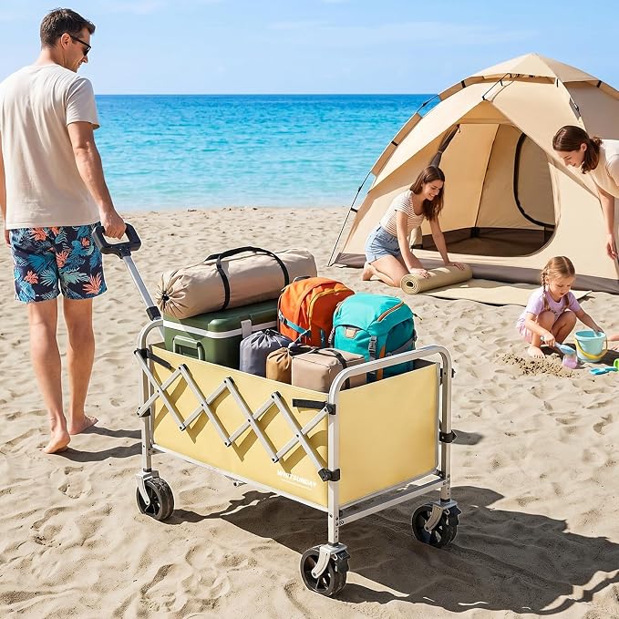 Collapsible Folding Wagon Cart, Heavy Duty Utility Wagons with Wheels,Portable Utility Cart for Camping,Garden,Beach,Sports Yellow