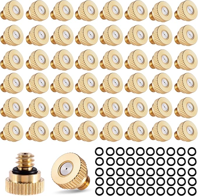 50 Pack Brass Misting Nozzles with 50Pc Brass Misting Nozzles O Ring, Heavy Duty Misting Nozzle 0.012" Orifice (0.3 mm)10/24 UNC for Outdoor Cooling System Dust Control