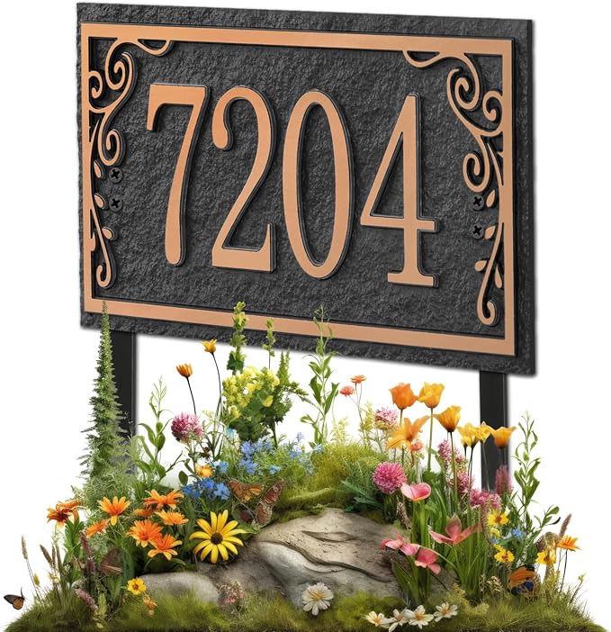 Lawn Address Sign Plaque - Personalized House Number Plaque Sign,Address Numbers for House Large Option Stakes Included (Black/Rose Gold)