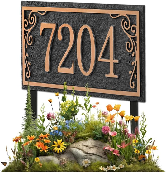 Lawn Address Sign Plaque - Personalized House Number Plaque Sign,Address Numbers for House Large Option Stakes Included (Black/Rose Gold)