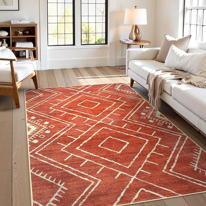 LIVEBOX Western 5x7 Area Rug, Washable Orange Rugs for Living Room Bedroom, Soft Non Slip Moroccan Tribal Rug Geometric Boho Area Rugs Diamond Carpet for Dining Room Home Office Decor (Brick Red)
