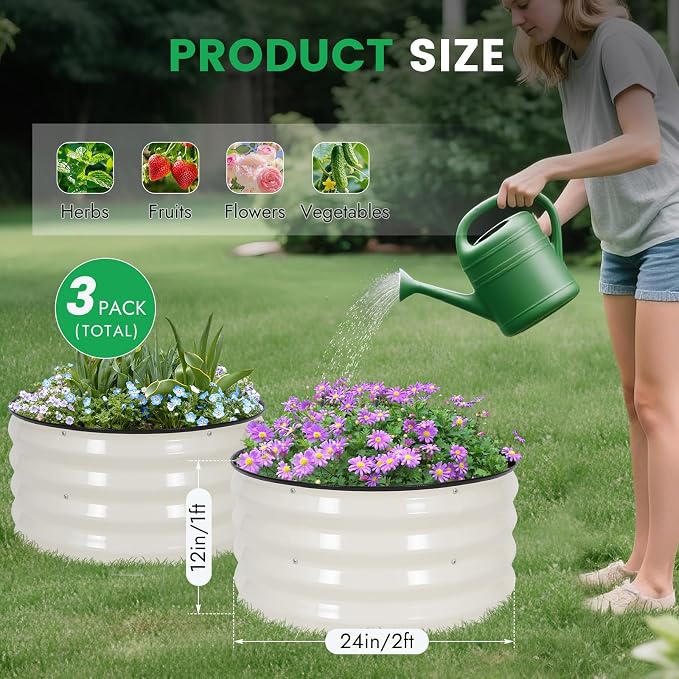 INNO STAGE 3 Pcs Round Galvanized Raised Garden Bed — 2×2×1ft Planter Box Outdoor Raised Beds Kit for Gardening Vegetables, Fruits, Herbs, and Flowers, White