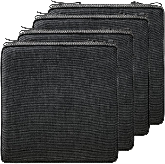 19 x 19 Inch Sunbrella Outdoor Chair Cushions with Tie Straps, Set of 4 Thick Water Repellent Square Patio Chair Pads for Garden Lawn Patio Furniture, Canvas Coal