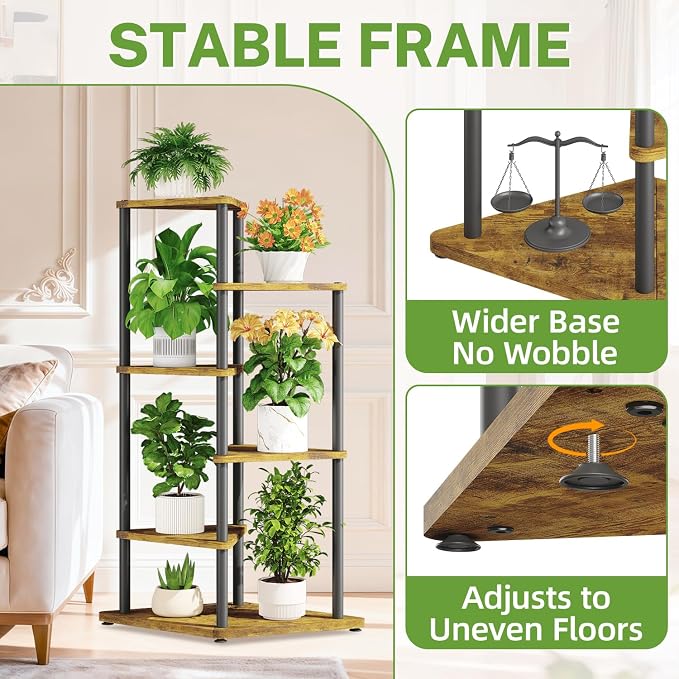 iDavosic.ly Tall Plant Stand Indoor for Large & Heavy Duty Planters, 5 Tier Corner Flower Shelf with Wooden Trays & Metal Frame, 41 Inch Orchid Rack for Living Room Balcony Porch, Black & Brown