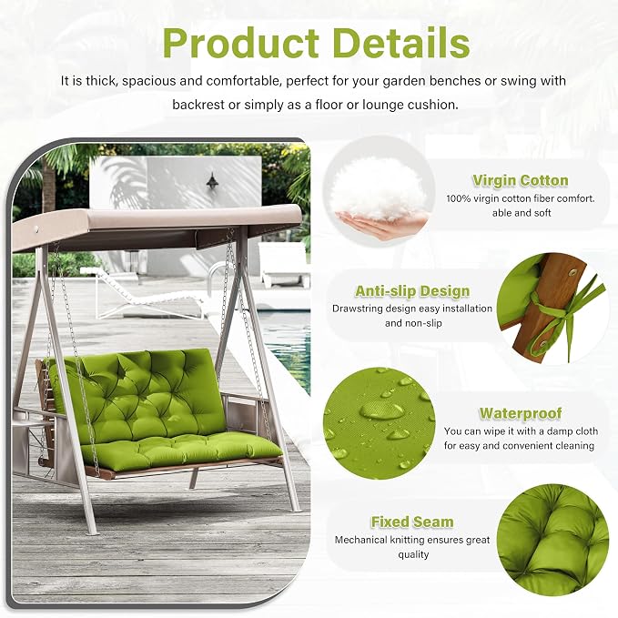 Porch Swing Cushion with Backrest,Waterproof Bench Cushion for Outdoor Furniture,2-3 Seater Replacement Thickened 5 in swing cushion,with Ties,Patio,Outdoor,Backyard and Garden (Grass Green,40x40 in)