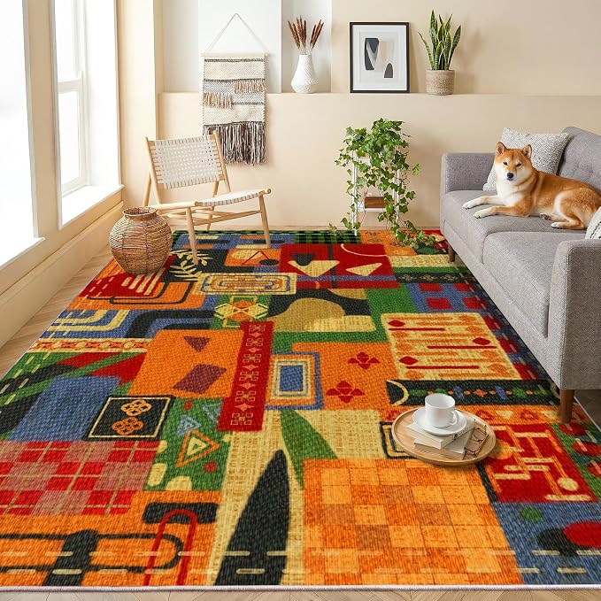 Washable 5x7 Rugs for Living Room, Abstract Tribal Geometric Patchwork Rug | Non-Slip Indoor Carpet for Bedroom Dining Room Office Home Decor| Colorful Soft Low-Pile Floor Rustic Rugs| Burnt Orange Rug